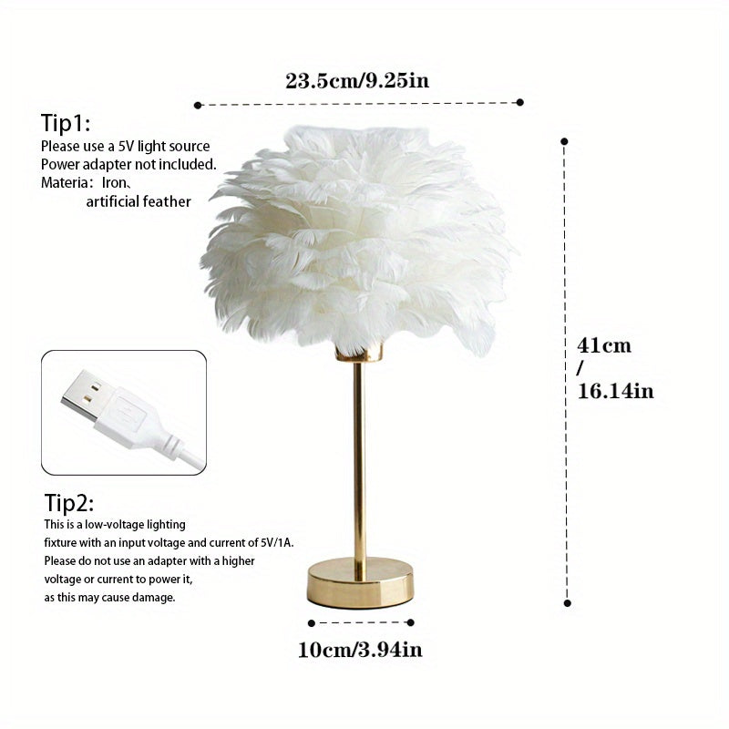 1pc Lámpara de Plumas Artificiales Blancas, Elegante y Dorada con Pantalla Tejida en Tela, Cuerpo de Hierro Alimentación USB Baja Voltaje, Compatible con Bombilla E26 DC5V, Decoración Romántica para Salón, Pasillo o Habitación, Ideal para Hoteles, Cafés