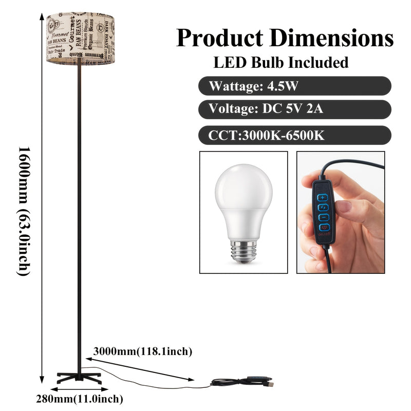 1 pieza de lámpara de esquina de 63 pulgadas, alimentada por USB, lámpara de suelo LED regulable entre 3000K y 6500K, lámpara de ambiente estilo, adecuada para cafeterías, hoteles y centros comerciales, sin adaptador