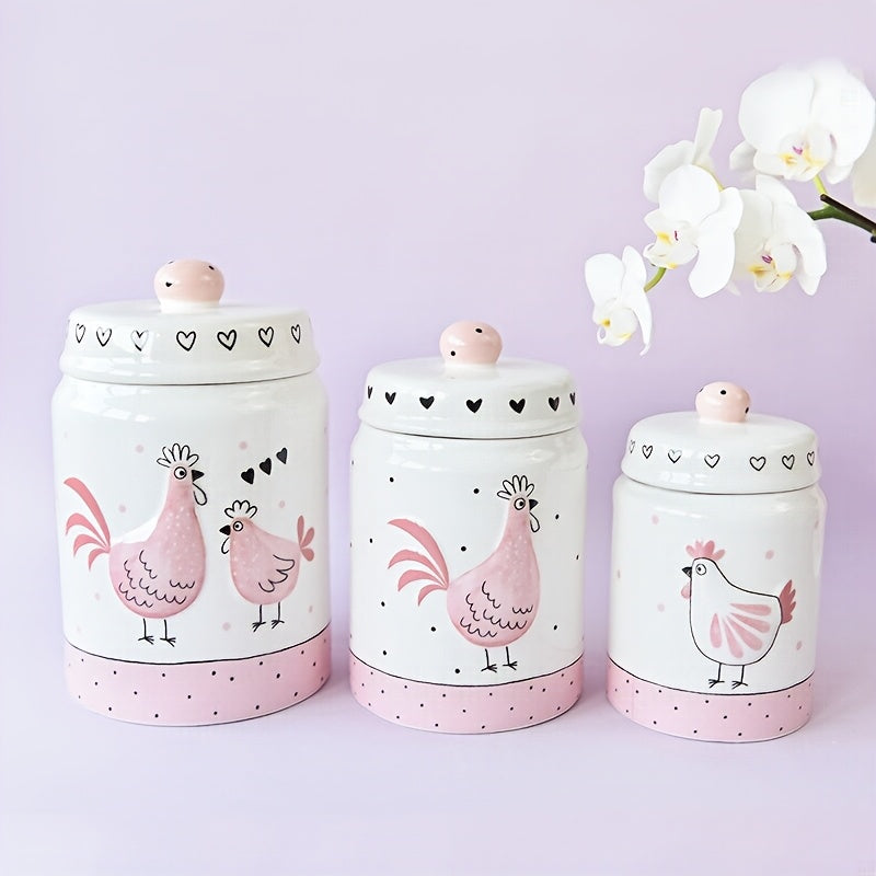 Tarro de Almacenamiento Elegante de Cerámica Rosa y Blanca con Diseño de Pollo en Relieve Bañado en Oro, Tapa con Perilla - Ideal para Galletas, Té y Objetos Pequeños | Solo Lavado a Mano
