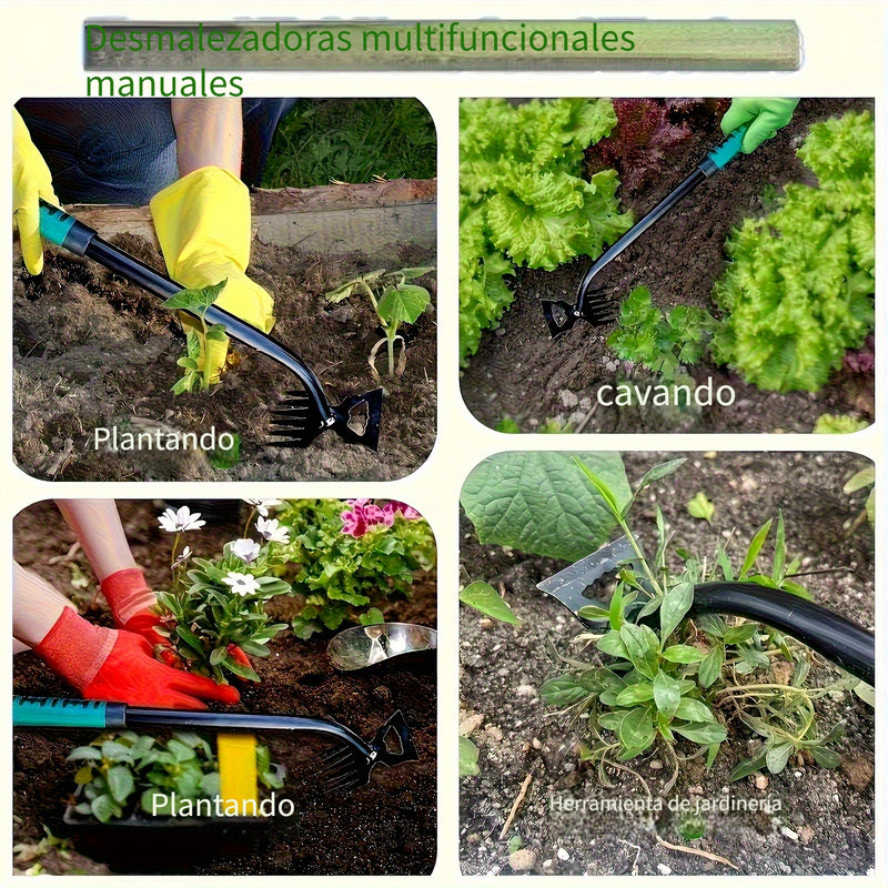 1 pieza Herramienta de Deshierbe Duradera de Acero al Manganeso - Rastrillo de Jardín Portátil con Mango Verde Ergonómico para la Fácil Eliminación de Suelos y Verduras Silvestres, Pala Manuales de Doble Propósito para Tareas de Jardinería, Jardinería Ma