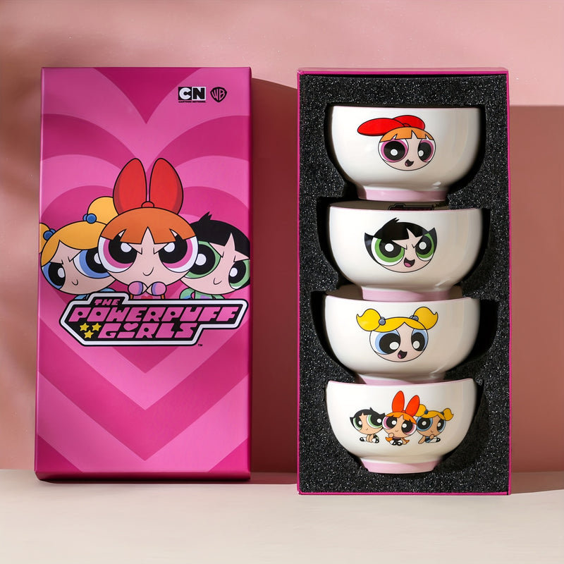 Juego de 4 Piezas de Vajilla Cerámica Serie Las Chicas Superpoderosas Warner Bros. – Caja Regalo Ideal para Cumpleaños o Navidad, Tazón de Arroz con Diseño Animado