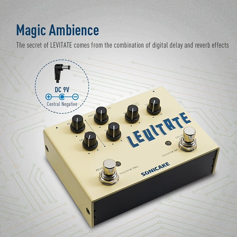 SONICAKE Pedal de efectos para guitarra con retraso y reverberación 2 en 1 - Levitación digital con retraso paramétrico y reverberación, control analógico, amarillo, conexión eléctrica de habitación, operación máxima de 36V, pedal de retraso para guitarr