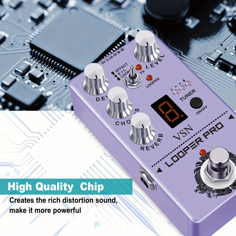 Pedal multiefectos VSn para guitarra con afinador de delay, chorus, reverb y bypass verdadero - Ideal para efectos digitales, bajo y guitarra eléctrica
