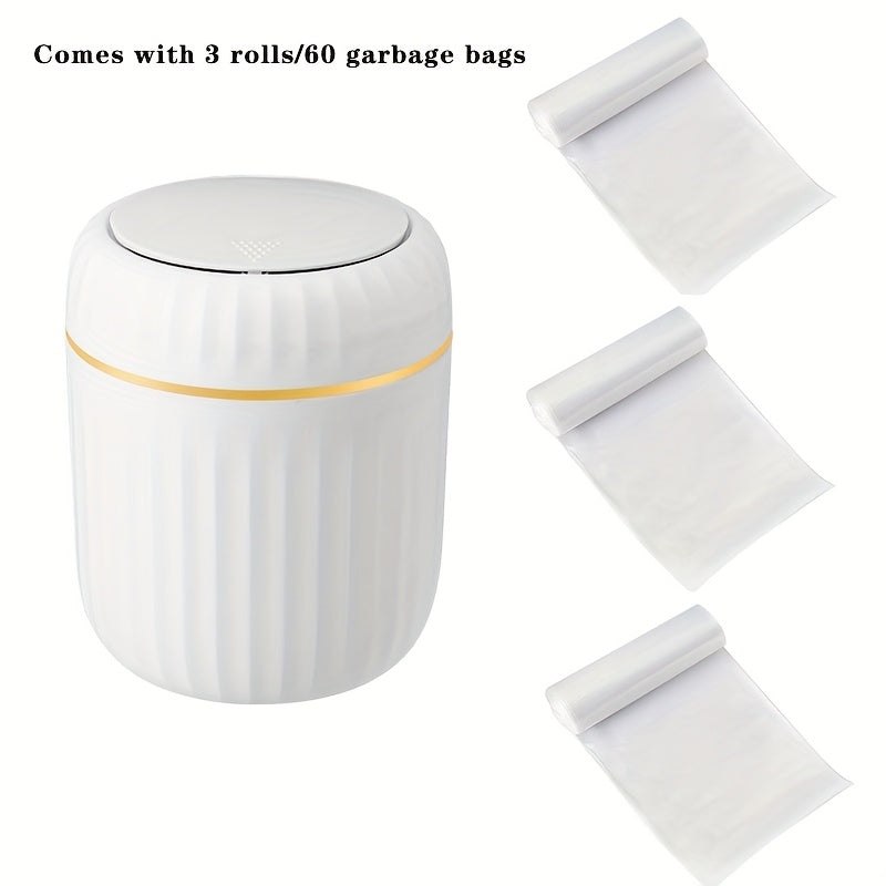 Bote de basura de escritorio con tapa de presión de 1 toque, diseño acanalado para control de olores, cilíndrico compacto para oficina, hogar, escritorio, sala de estar o estudio, en blanco con detalles amarillos, mini bote de basura para escritorio, org