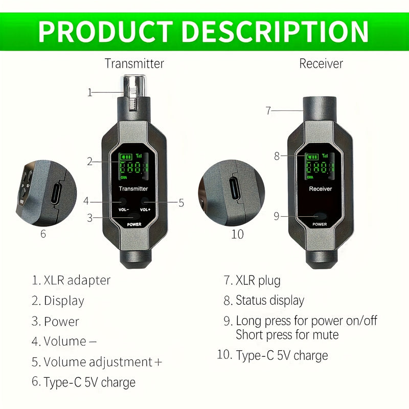 Sistema de Micrófono Inalámbrico Heikuding XLR - Transmisor y Receptor Recargables con Carga USB, Compatible con Micrófonos Dinámicos, Mezcladores de Audio, Guitarras Eléctricas y Bajos