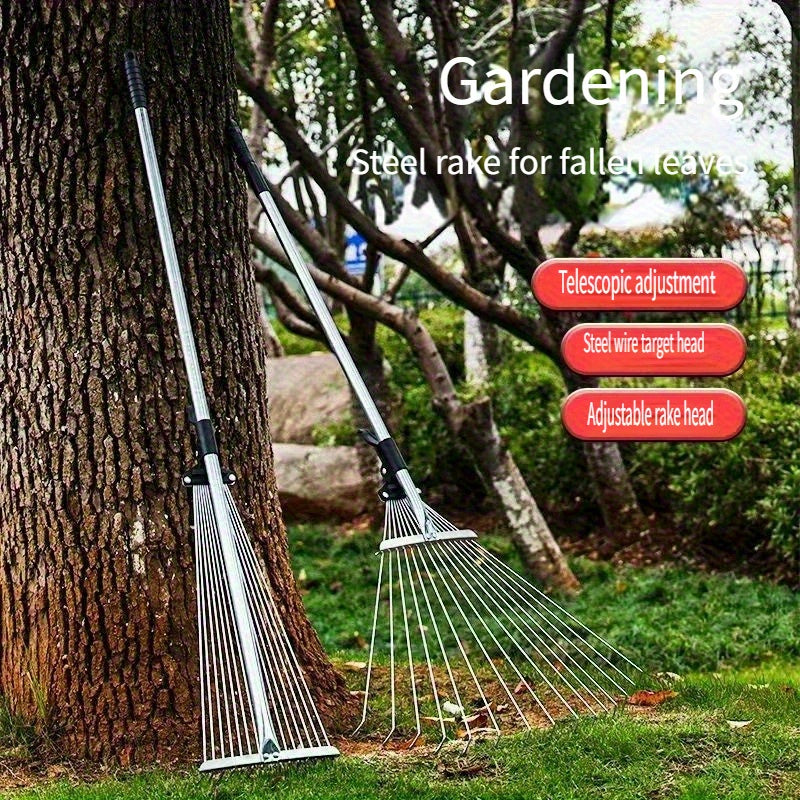 Recogedor de hojas telescópico de acero inoxidable compacto - Cabeza ajustable para limpieza de césped y jardín, recogedor de jardín de metal duradero para eliminación de hojas y malezas
