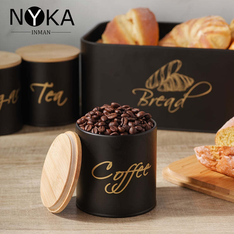 Juego de cuatro tarros para pan, azúcar y café con anillos selladores y tapas de bambú. Tapa de bambú utilizable como tabla de cortar y lavable - Ideal para Navidad/Pascua/picnics al aire libre