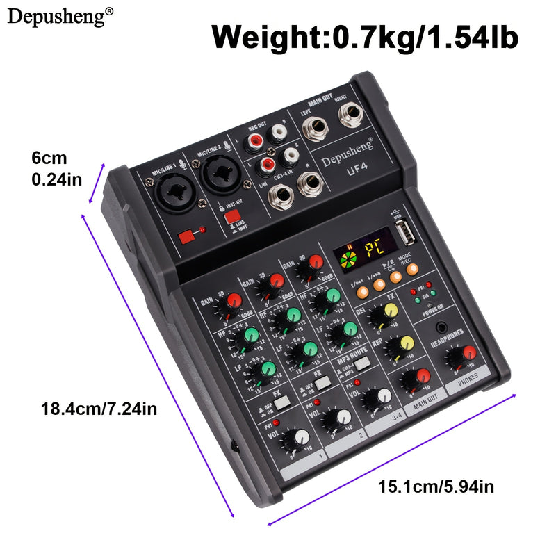 DEPUSHENG Mezclador de Audio Digital de 4 Canales para USB, MP3, Estudio de DJ Estéreo y Streaming – Consola de Sonido Profesional con Material ABS, Negro, Perillas y Botones Multifuncionales para Mezclar, Grabar y Reproducir, Equipo de DJ|Diseño Elegant