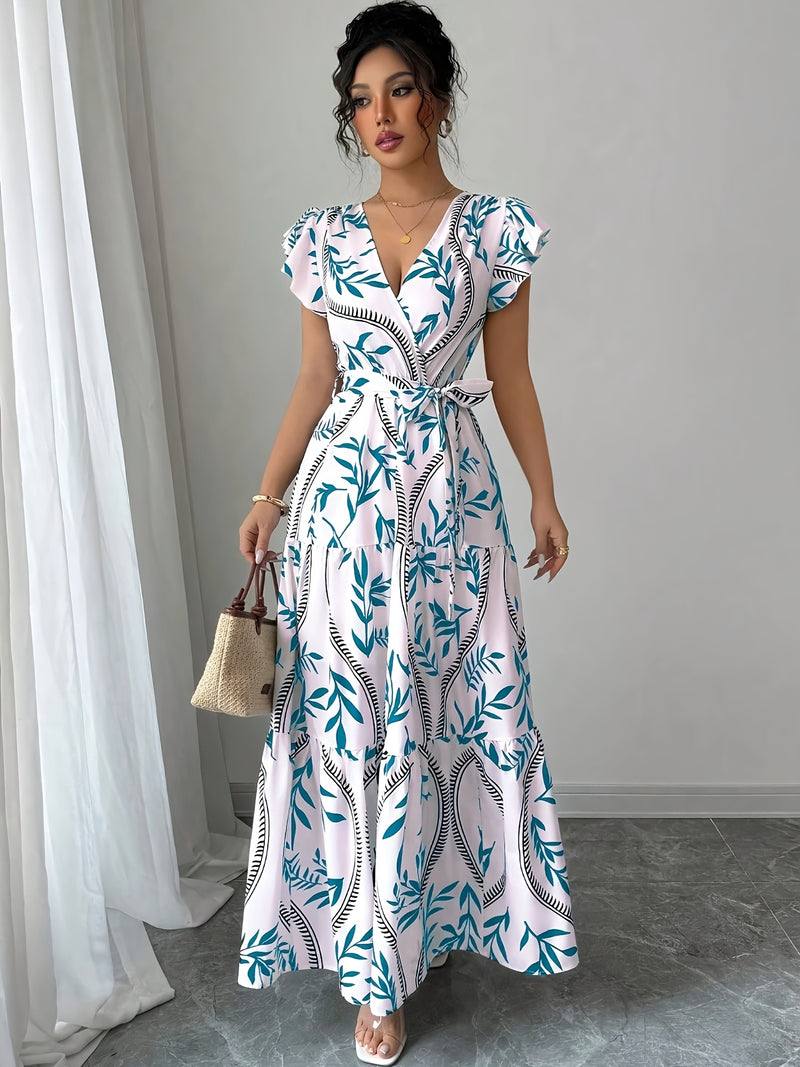 Elegante vestido de verano con estampado floral y cuello en V, con cinturón, de poliéster ligero, mangas cortas, falda de línea A y estilo suelto para mujeres, ideal para vacaciones o salidas informales, ropa para salidas informales | Vestido con estampa