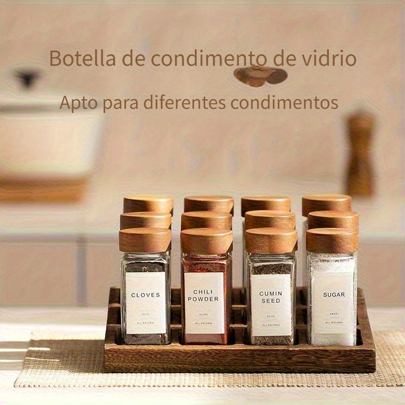 Juego de 12/6 tarros de especias de vidrio con tapas de madera, resistente a la herrumbre, contenedores de condimentos de vidrio con patrón con soporte