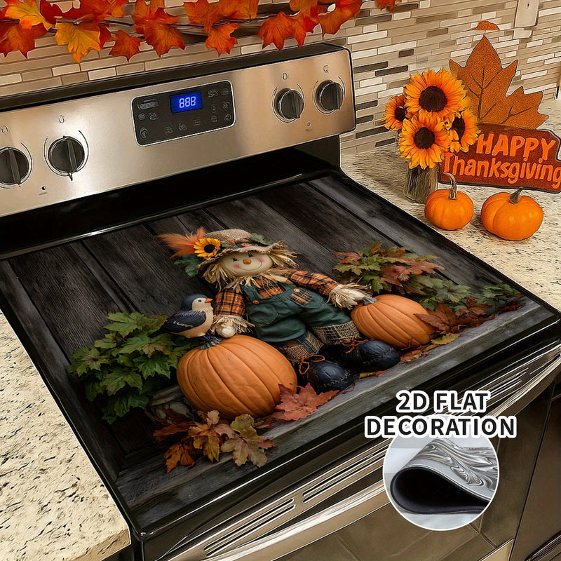 1pc Cubierta de Estufa para Acción de Gracias - con Espantapájaros, Calabazas y Hojas de Otoño - Superficie Antiadherente, Resistente a Arañazos y al Calor - Compatible con Estufas Eléctricas/Gas - Fácil Instalación para Decoración de Cocina en Otoño - A