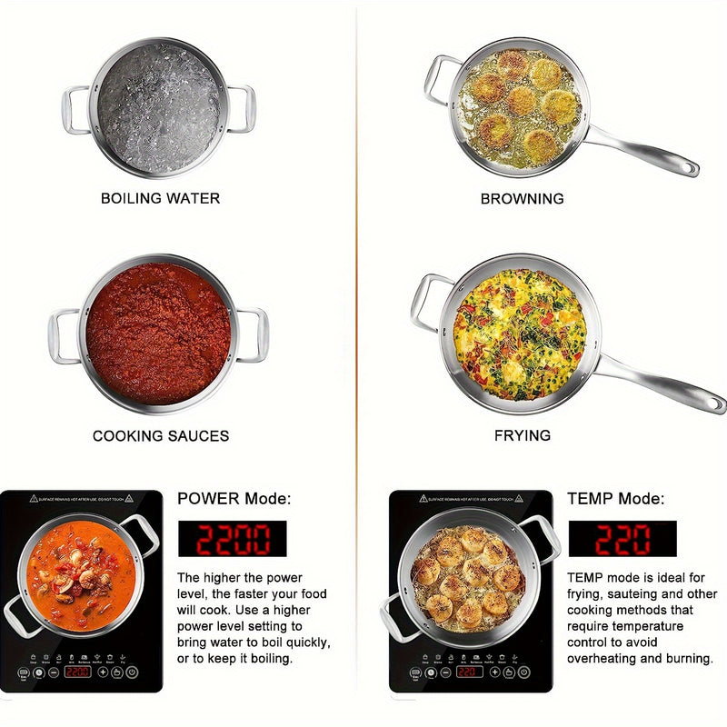 Encimera de Inducción Portátil con Panel Táctil de Cristal , Quemadores Eléctricos para Cocinar, Estufa Portátil, Placas Calientes para Cocina, Encendedor Único