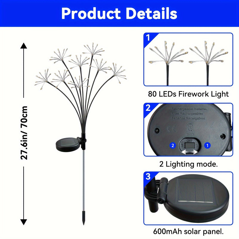 2 piezas de luces solares para jardín, regalos de decoración navideña al aire libre, 160 luces de fuegos artificiales de estrella LED, 2 modos de iluminación, luces solares para jardín impermeables para decoración de patio/camino/césped