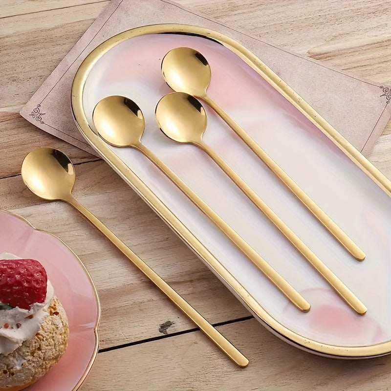 12 cucharitas de acero inoxidable dorado con mango largo, para espresso, té, postres, chocolate caliente, té helado y latte, ideales para restaurantes, cafeterías y bares