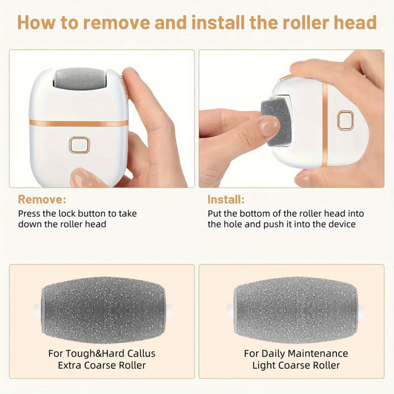 FEIYBA Eliminador Eléctrico y Lijadora de Pies - Lima de Uñas con Carga USB, 2 Velocidades (Rápido/Lento), 3 Cabezales Reemplazables, Herramienta Inalámbrica para Talones Agrietados, Manos y Pies - Diseño Blanco y Dorado, Dispositivo Profesional de Pedic
