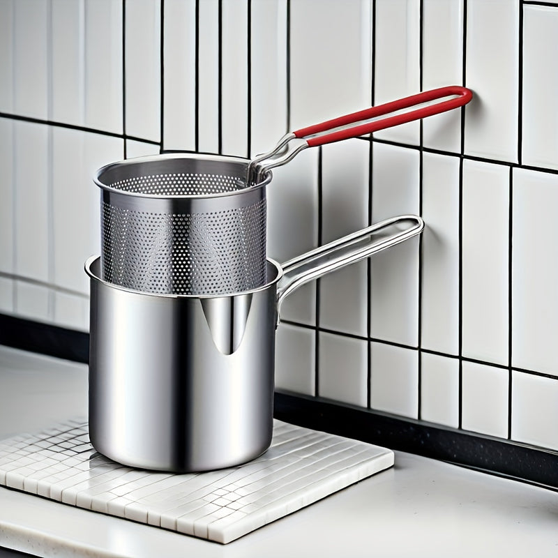 DYFDYF 1.2L Mini Freidora Profunda de Acero Inoxidable con Recubrimiento Antideslizante y Malla de Filtro - Compatible con Estufas de Gas, Diseño Ahorrador de Aceite para Freír Huevos, Pollo, Verduras - Electrodoméstico Compacto para Cocina, Freidora Pro