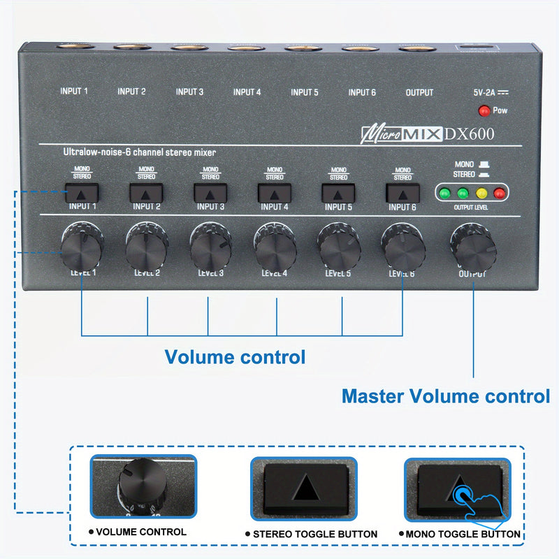 Mezclador de Audio de 6 Canales con Entrada y Salida Estéreo, Carga USB, Voltaje de Operación ≤36V, Negro - Ideal para Mezcla de Guitarra, Bajo, Teclado, Actuaciones En Vivo, Grabación de Estudio, Mezclador Musical