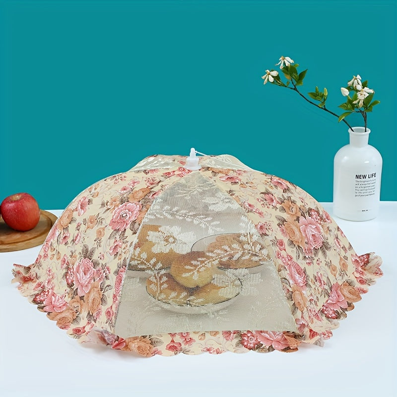 Cubierta de comida plegable con diseño floral, gran capacidad, redonda y rectangular, tejido no alimenticio con detalle de hilo metálico, perfecto para comer al aire libre y pícnic, mantel de pícnic | Decoración de mesa elegante | Detalle de hilo metálic