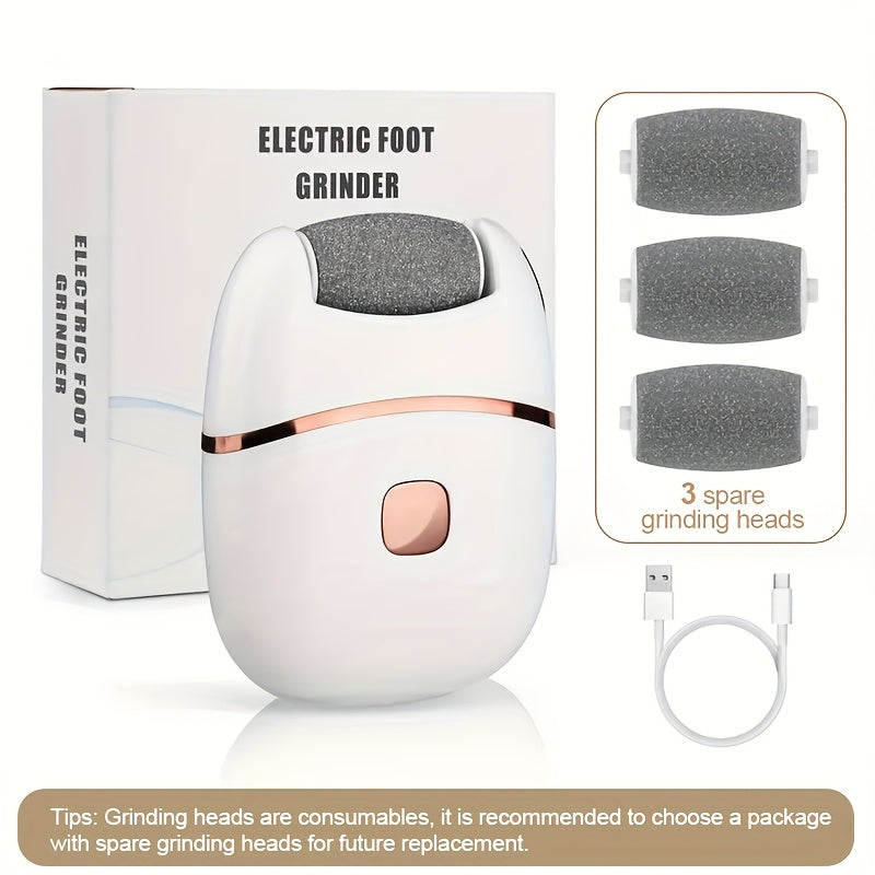 Exfoliador eléctrico recargable para pies con 3 cabezales intercambiables, exfoliación de piel gruesa, carga USB, portátil y fácil de usar para cuidado de piel agrietada y seca, cortador de callos para pies suaves