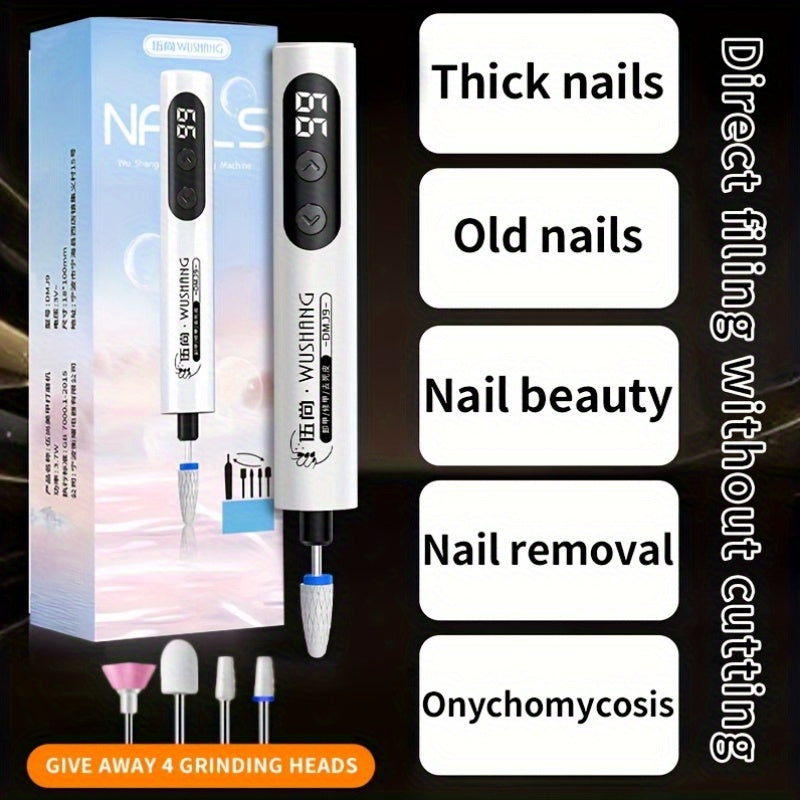 Afilador de uñas profesional para uñas gruesas, uñas viejas, belleza de uñas, extracción de uñas, onicomicosis - Recargable por USB con 4 cabezales de afilado, pantalla digital, diseño blanco y azul, afilador de uñas para uñas gruesas, salud de las uñas,