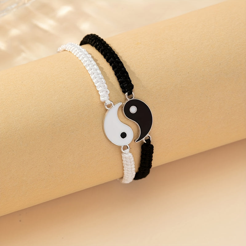 2 unidades de pulseras de pareja Yin Yang Tai Chi, cuerda de poliéster ajustable, estilo de vacaciones sencillo, tema de símbolos religiosos, regalo de amistad para usar diario para mejor amigo/novio/novia - Todas las estaciones
