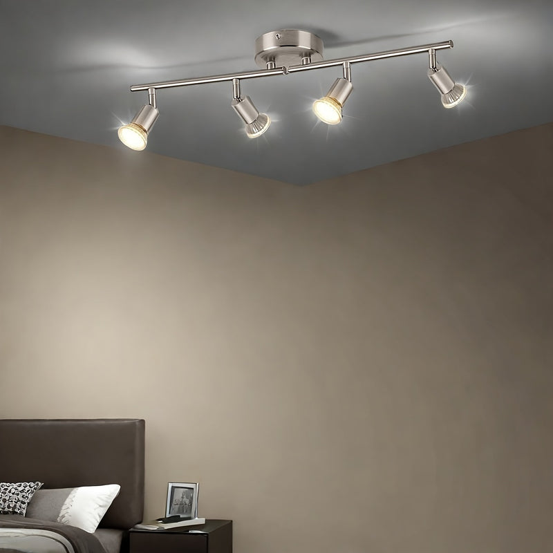 AMANSOUR Moderna Lámpara de Techo LED de 4 Llamas, Spotlight Rotatable 330°, Montaje Semi-Flush, Níquel Mate, Hierro Fundido, Control de Interruptor, Cableado Duro 110-240V, para Cocina, Sala de Estar, Dormitorio - Sin Bombillas Incluidas