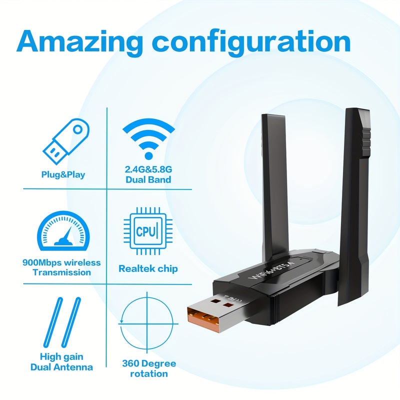 Adaptador de Red Inalámbrica AX900m Dual-Band WiFi 6 & Wireless 5.4 - Antenas de Alta Ganancia, Sin Necesidad de Controladores, Wi-Fi 2.4G/5G para PC y Portátil, Compatible con Windows XP/7/8/10/11, Conectividad Wifi, Receptor Elegante, Construcción Robu