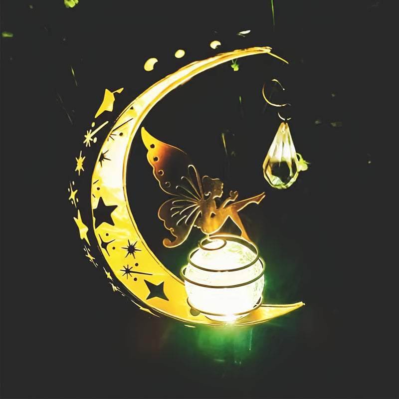 Luz solar para jardín de hadas con diseño de luna FACHOI - LED dorado elegante con esfera de vidrio agrietado y silueta de metal, ideal para decoración de caminos, césped, patios e iluminación exterior, decoración de cuento de hadas, opción de iluminació