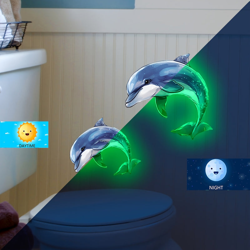 Pegatina de tapa de inodoro con diseño de delfín que brilla en la oscuridad - Autoadhesiva, decalcomanía de baño de PVC para decoración de inodoro, uso único, diseño temático del océano, decoración de baño | Tema náutico | Acabado brillante