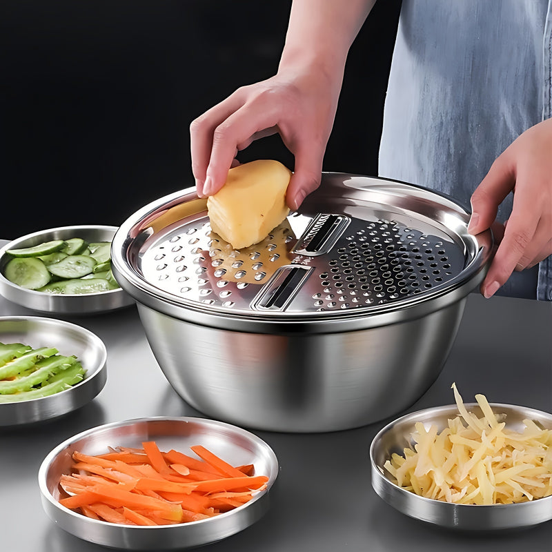 Juego de 3 tazones de acero inoxidable para cocina, tazones multifuncionales seguros para alimentos, con rallador integrado, inserto desmontable para rebanar en capas y sistema de escurrido, para lavar y cortar frutas, verduras y queso