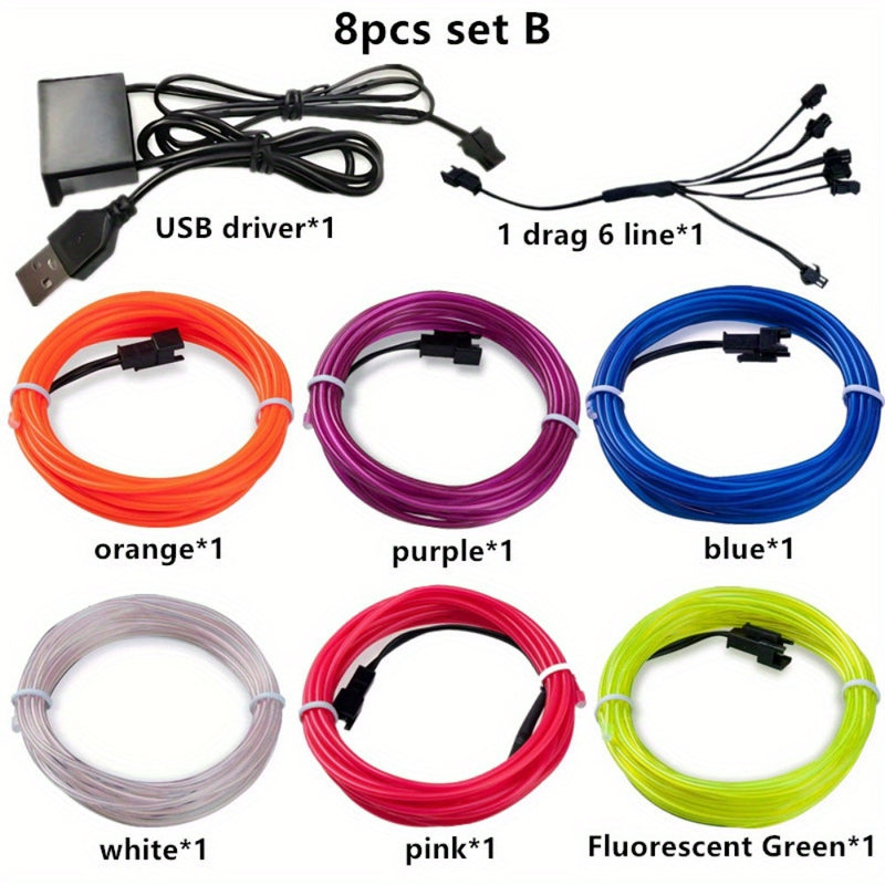 8 piezas de juego combinado EL Luminous Wire, 1 metro de largo EL luz fría de alambre fluorescente, luz decorativa de ambiente DIY, luces de escena de baile fluorescente