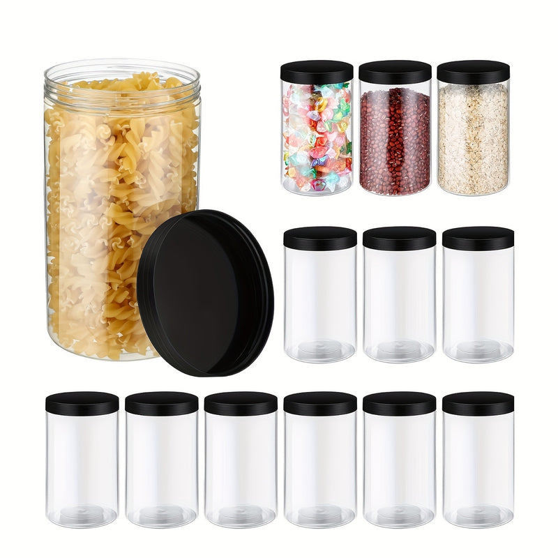 6pcs Tarros de Almacenamiento de Alimentos PET Transparentes de 43oz con Tapas Negras Lisas - Sin BPA, Boca Ancha para Vertido y Limpieza Fácil - Perfectos para la Organización del Despensa de la Cocina