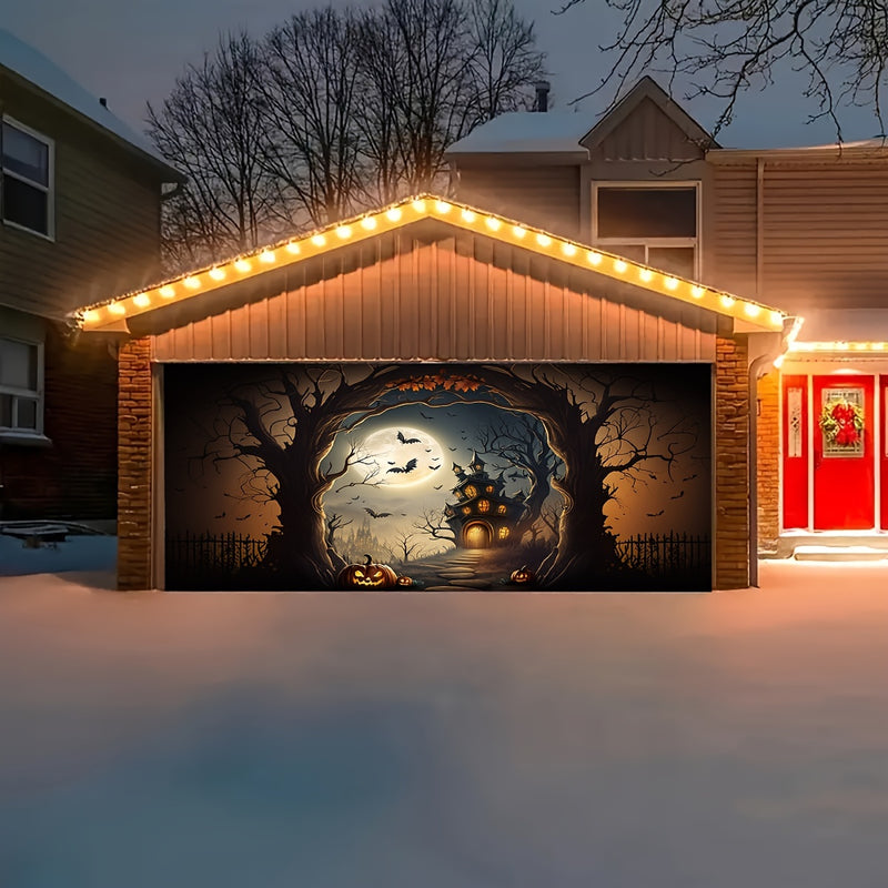 Decoración de Puerta de Garaje de Halloween con Calabaza y Castillo de Murciélagos - 1pc Tapiz Colgante de Poliéster, Banderín Festivo para Ambiente de Jardín