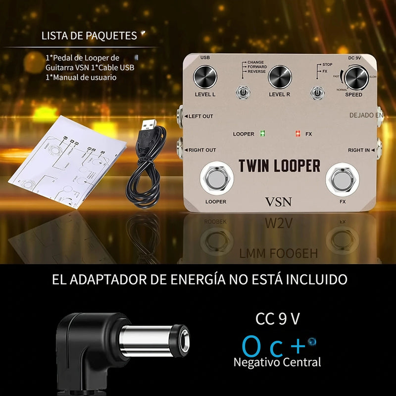 Pedal de Guitarra Eléctrica Twin Looper - Grabación de 10 Minutos, True Bypass, Sonido Analógico con 11 Efectos, Reproducción Inversa y Control de Movimiento Lento
