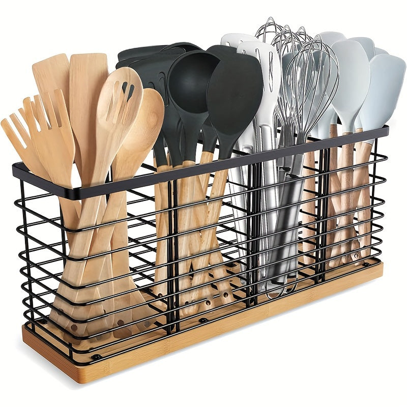 1pc Soporte Ajustable de Utensilios de Cocina de Hierro con 4 Compartimentos, Soporte de Metal Negro Mate con Base de Madera, Organizador de Almacenamiento de Utensilios de Cocina Estilo Granja para Encimeras, Accesorios de Cocina