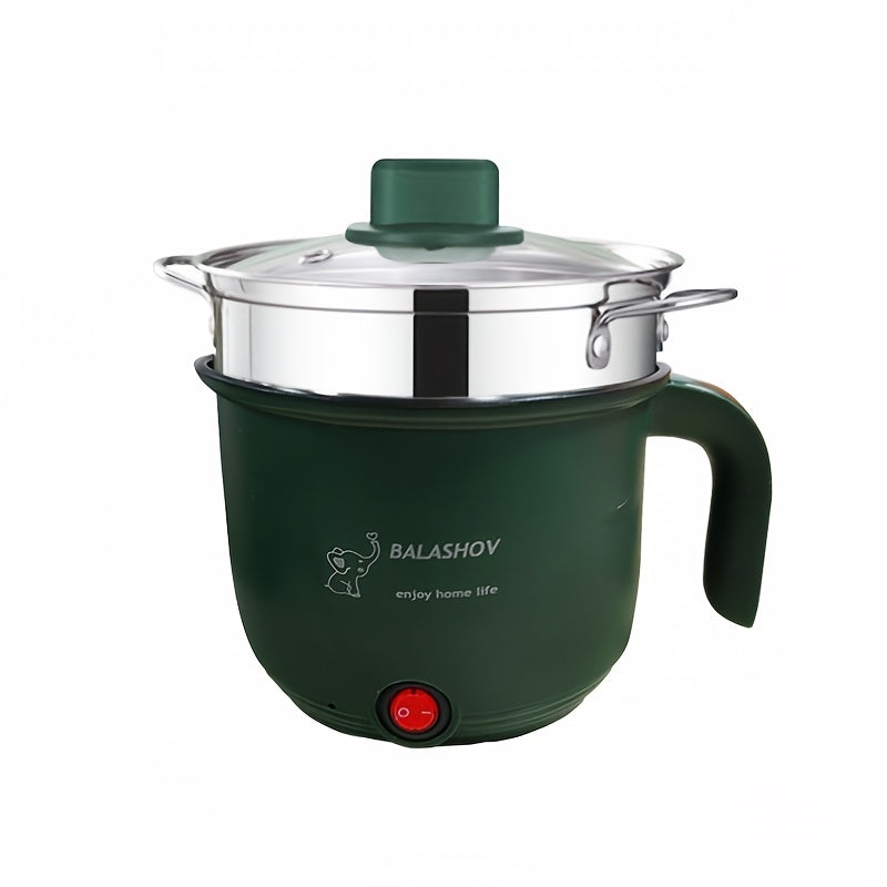 Olla Caliente Eléctrica Portátil BALASHOV de 1.8L con Vaporera - Antiadherente, Sartén Mini Multifuncional para Ramen, Fideos, Pasta, Huevos, Sopa y Avena - Verde, Diseño Viajero con Aislamiento Antiescaldado, Electrodoméstico de Cocina para Residencias