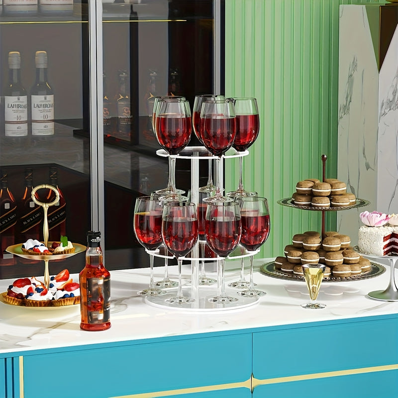 Soporte Elegante de 3 Niveles para Cócteles Transparente con Acrílico y 12 Porta Vasos - Exhibidor de Copas de Champán de Dos y Tres Pisos, Ideal para Fiestas y Eventos