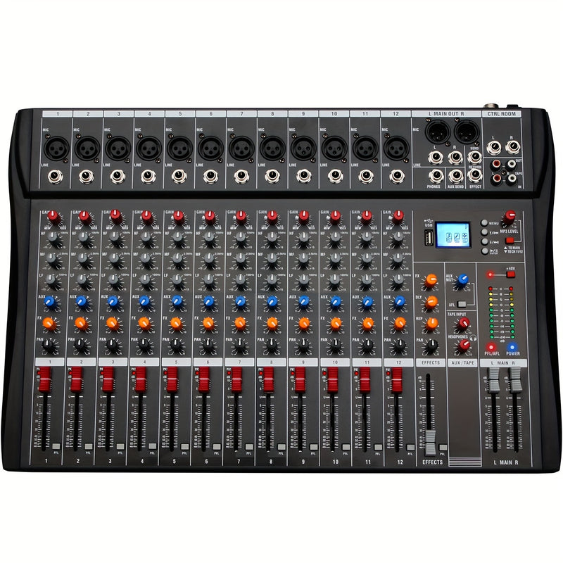 Mezclador de audio profesional DEPUSHENG de 6/8/12 canales - Negro, encendido, 110V-130V, estándar estadounidense, con USB, XLR, alimentación fantasma y entradas/salidas RCA para DJs, estudios y bares