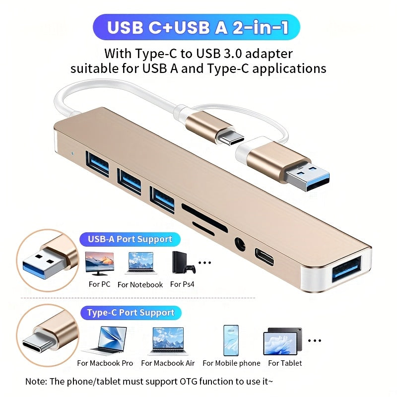 Puente USB 8 en 1 con enchufe de audio, adecuado para tabletas adaptador multi puerto, alimentado por USB, tensión de funcionamiento de 5V, compatible con tabletas