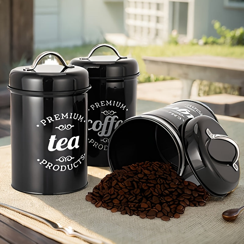 3 piezas de contenedores de almacenamiento de metal premium con tapas - Organizador de alimentos y té redondo reutilizable para café, azúcar, confitería - Solo lavado a mano, solución de almacenamiento de cocina multiusos