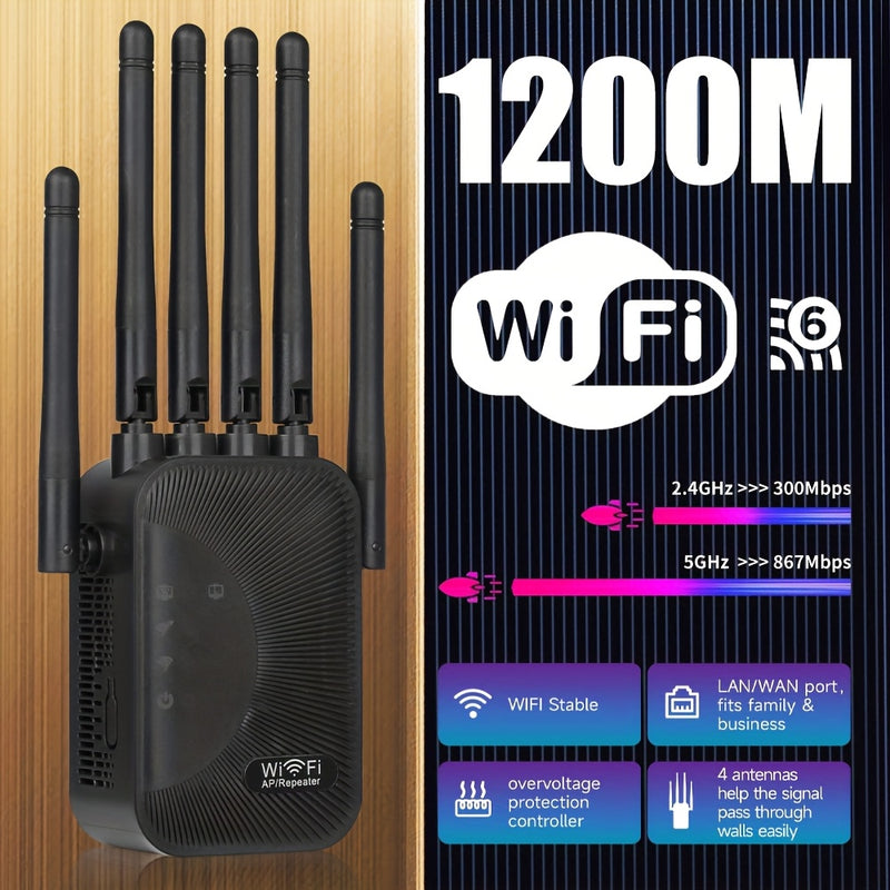Extensor de WiFi Momoter - Amplificador de Señal con Puerto Ethernet, 6 Antenas (Cobertura 360°), Red Inalámbrica para Hogar/Oficina, Compatible con Smartphones, Tabletas y TVs Inteligentes, Enchufes US, Antenas Verticales, Electrónica de Alta Calidad