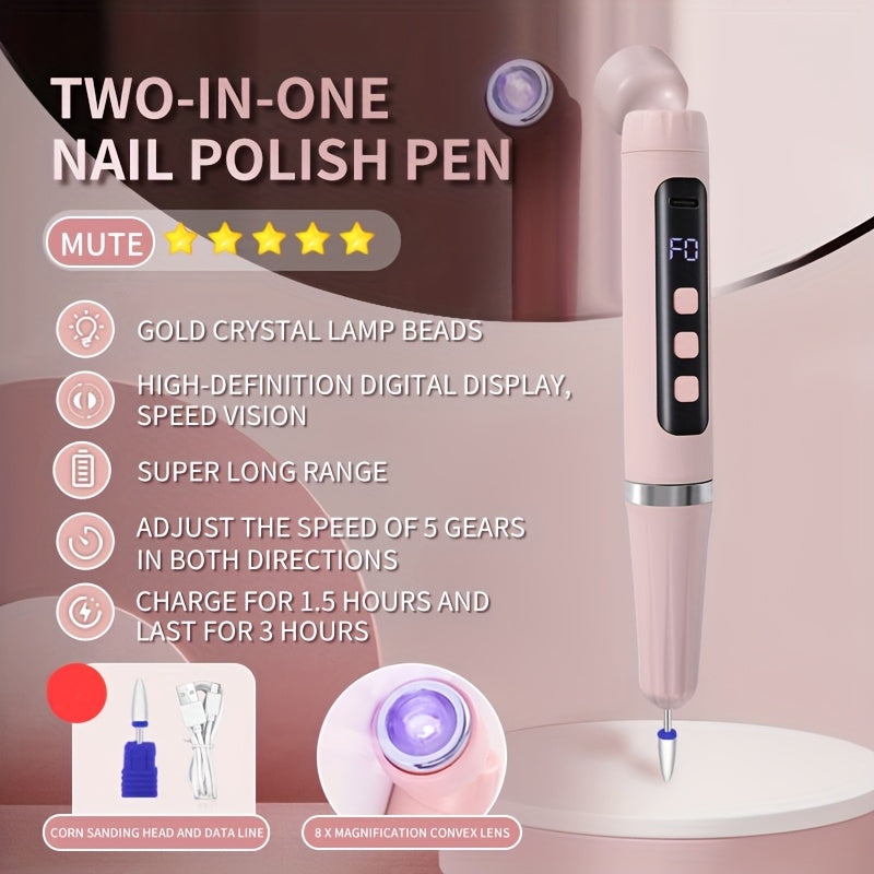 Juego de lima eléctrica portátil 2 en 1 con lámpara de uñas de 5 velocidades ajustable + pulidora USB recargable, ideal para salón y uso doméstico