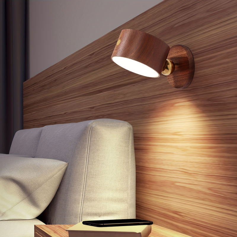 1pc Lámpara de Pared Moderna de Madera con Luz de Lectura LED - Regulable, Giratoria 360°, Control Táctil, Recargable por USB, Batería de 1500mAh, Detalles en Latón Pulido para Dormitorio & Sala de Estar, Lámpara para Dormitorio