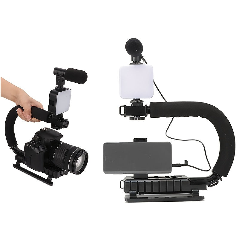 Equipo de Grabación y Videografía Portátil Multifunción con Micrófono Capcitorio Manual, Estabilizador, Soporte para Zapata Caliente con Luz de Relleno LED para Teléfono Móvil, Cámara SLR, Equipo de Grabación de Audio y Vídeo para Entrevistas en Vivo, Po