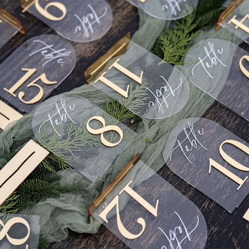 1 SET de números de mesa de boda de acrílico del 1 al 10 con soporte 10 x 15cm Números dorados elegantes Acrílico grueso y duradero Indicador de número de mesa adecuado para recepción, cumpleaños, aniversarios, decoración de centro de mesa de bodas, etc.