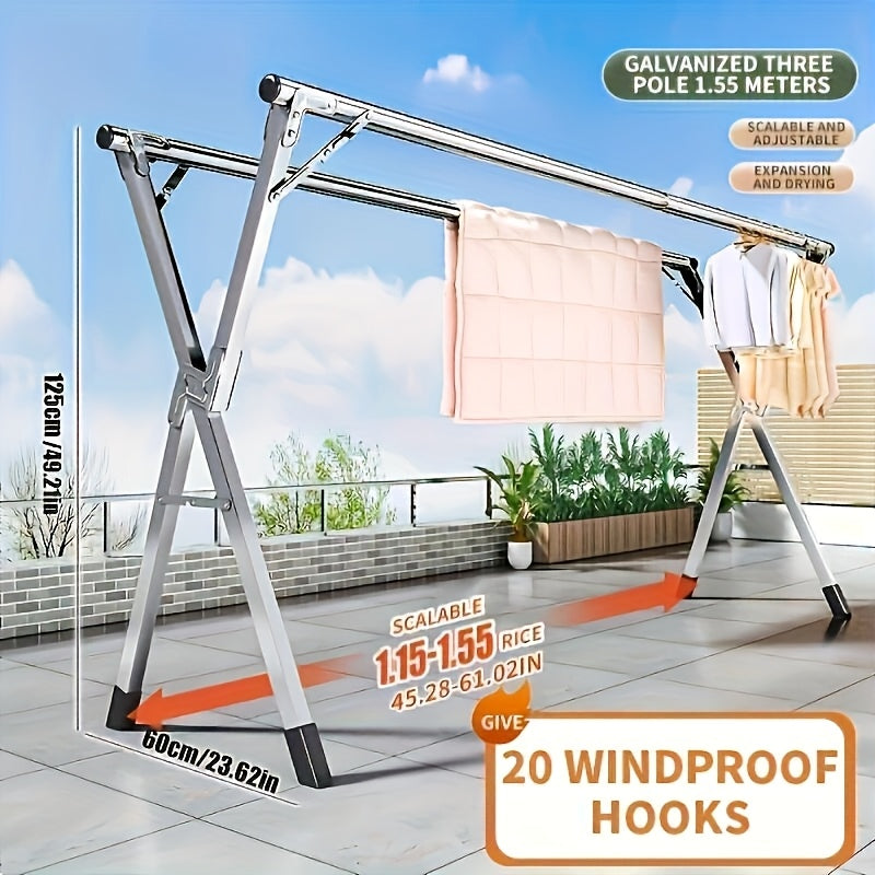 Perchero Plegable de Metal con Barra Doble Ajustable y 20 Ganchos Antiviento, Apto para Uso Interior y Exterior; Solución de Almacenamiento Ahorrador de Espacio para Ropa, Edredones y Ropa de Cama