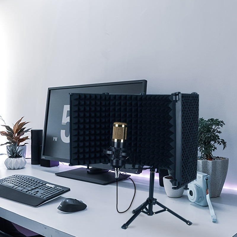 Escudo aislante para micrófono de estudio con trípode, espuma absorbente de alta densidad para filtrado vocal, escudo de sonido plegable para micrófono condensador, ideal para música, podcasts, canto y transmisiones, equipo de grabación | Diseño plegable