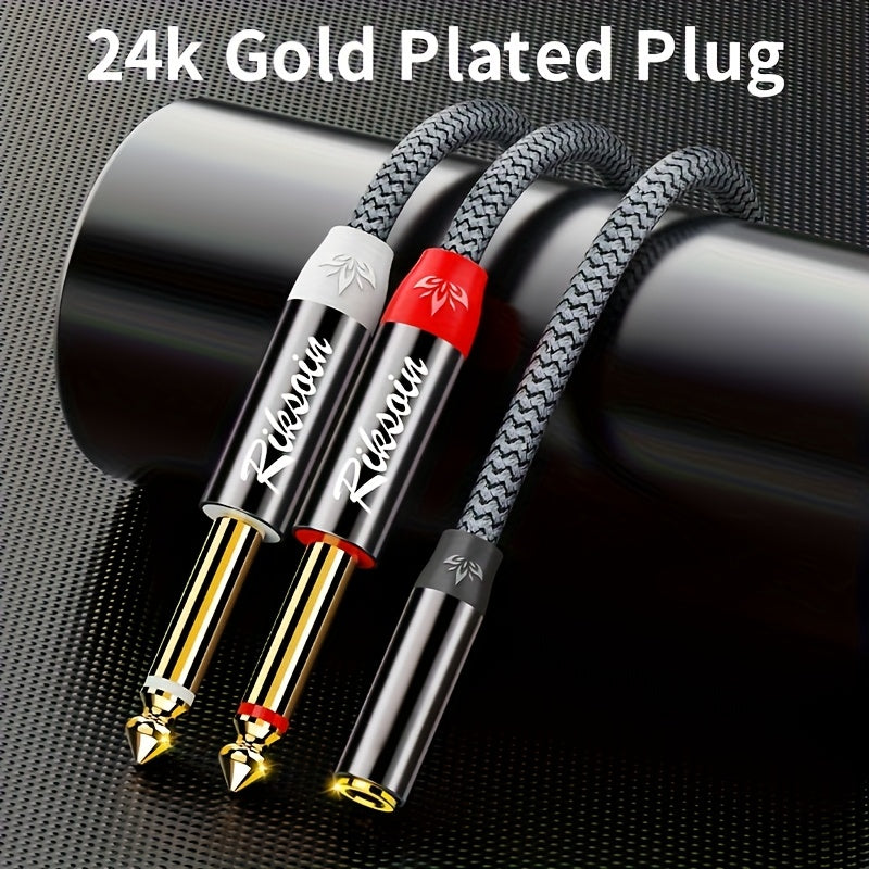 1pc RIKSOIN con baño de oro de 24K Cable divisor de audio, 3,5 mm a doble 6,35 mm Jack, estéreo 3,5 mm Jack conector auxiliar con forma redondeada trenzada, conector hembra a macho, cable Ethernet de categoría 5 para instrumentos