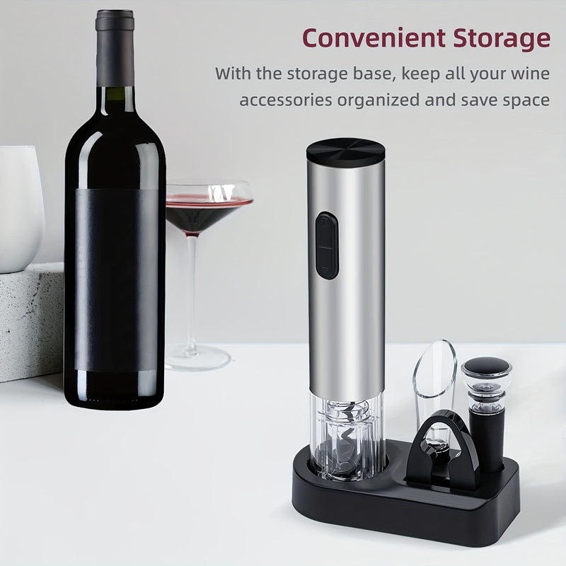 Juego de 5 en 1 para abrir botellas eléctricas, regalo creativo, abridor de vino tinto, abridor de batería seca, juego con base para verter y almacenar vino, completamente funcional.