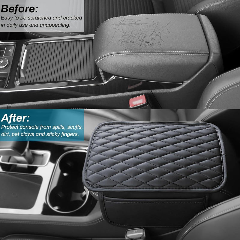 Cubierta de consola central del coche, cubierta de descanso de brazo de coche de piel sintética de microfibra mejorada con 2 bolsas de almacenamiento, cubierta de descanso de brazo universal para caja de almacenamiento de coche, accesorios de interior de